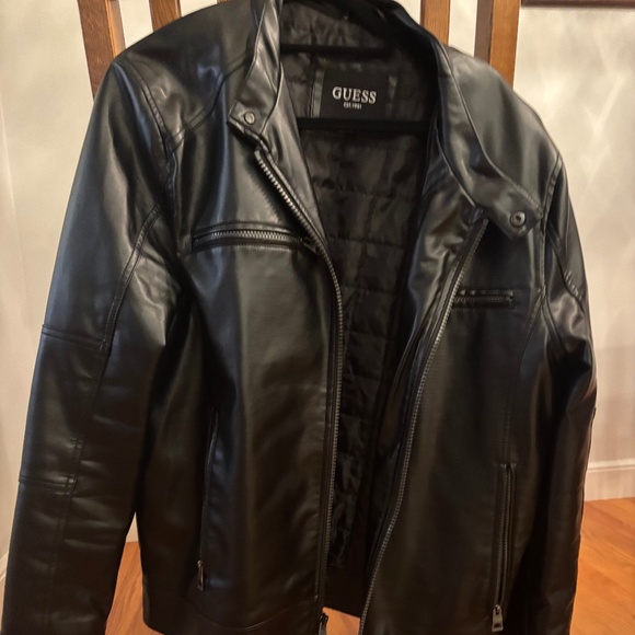 GUESS Men's Faux-Leather Detachable-Hood Motorcycle Jacket - Black, size Large - Picture 3 of 8